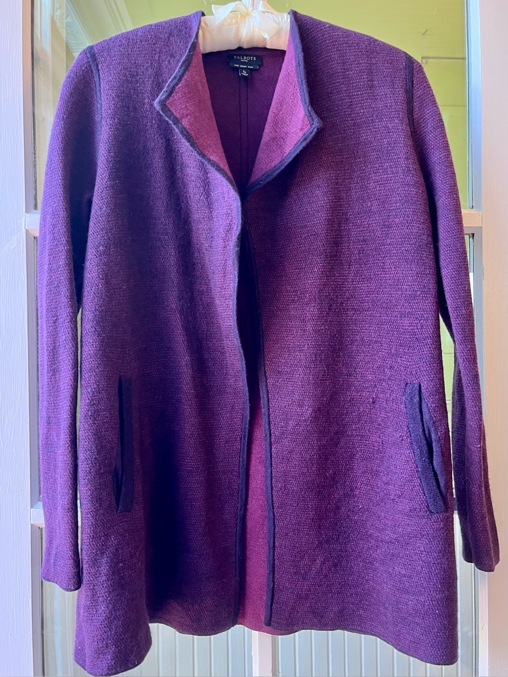 Talbots Open Front Merino Wool Cardigan in Plum, Magenta Interior, Slant Pockets
